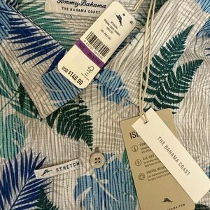 Men's Blue and Green Leaf Print Tommy Bahama Shirt. Men’s 2XLB